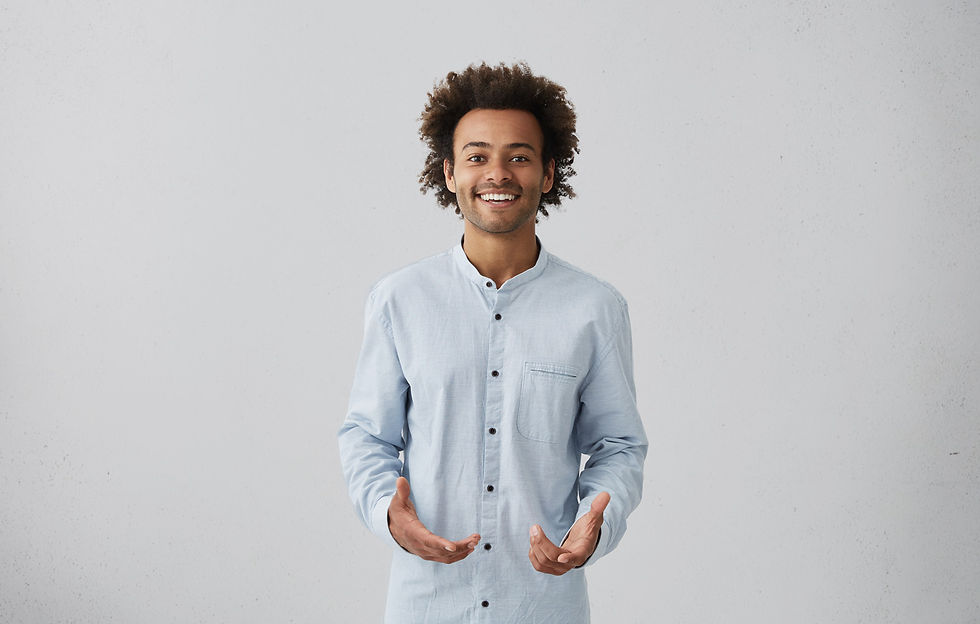 Man wearing button up light blue shirt