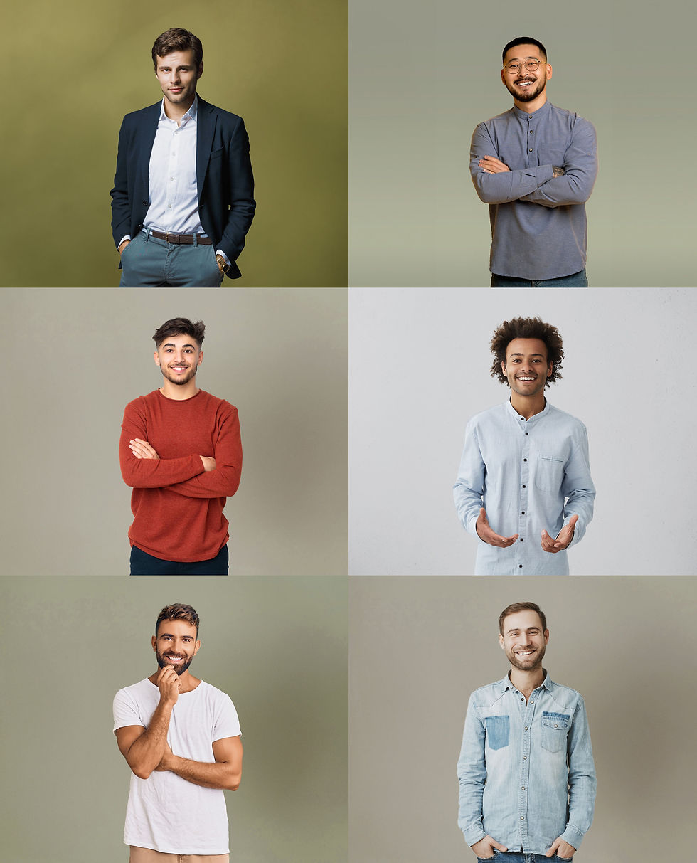 Grid of 6 different smiling people with different color backgrounds